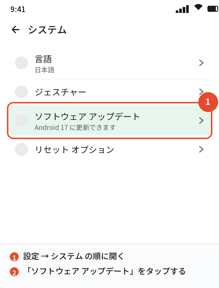設定 → システム → ソフトウェア アップデート の画面